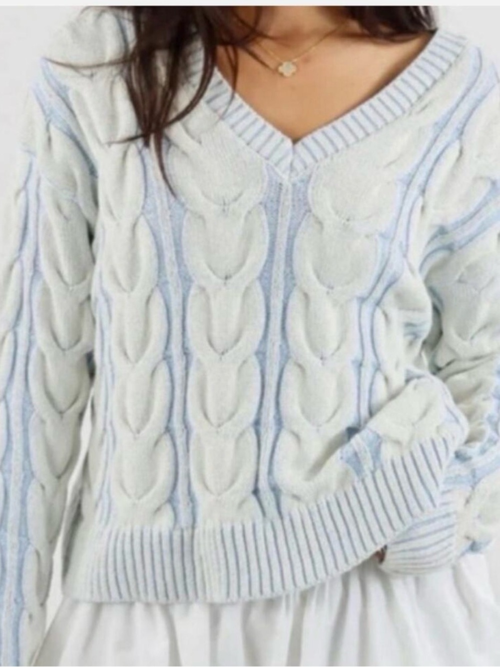 Free People Washed Cable V-Neck Sweater Fisherman Knitwear Light Blue Medium